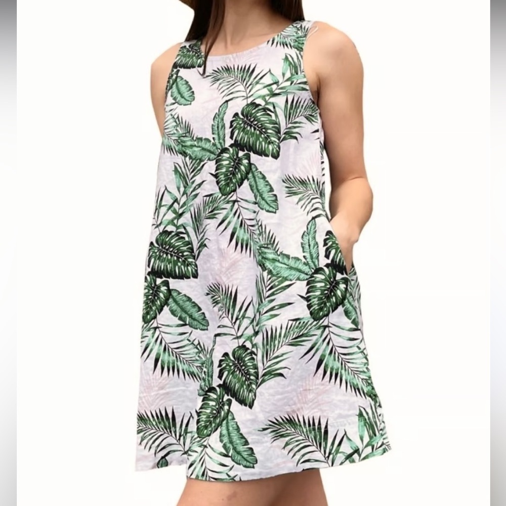 C&C California Dress Palm Leaves White & Green Size Large 100% Linen
